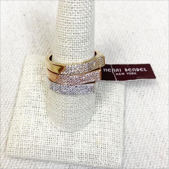 Henri Bendel Pave Bold Stack Rings -- Silver, Gold, Rose Gold Trio - NWT Sz 10 - Picture 1 of 6